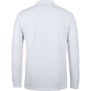 A long-sleeve white polo shirt featuring a classic collar and a logo on the chest.