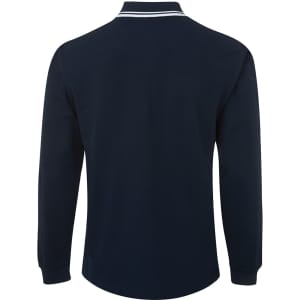 A navy long-sleeve polo shirt featuring contrasting white stripes and a logo on the front.