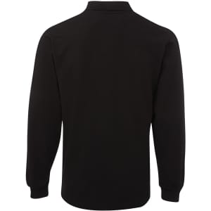 A black long-sleeve polo shirt with a collar and a plain back, featuring a logo.