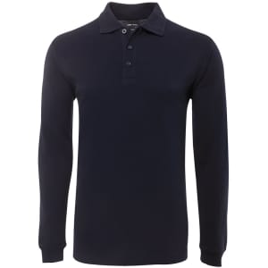A long-sleeve polo shirt in navy blue with a three-button placket and a collar. It features a logo on the chest.