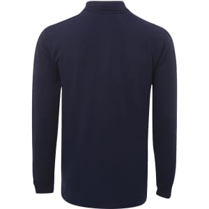 A navy long-sleeve polo shirt with a collar and button placket, featuring a logo on the front.
