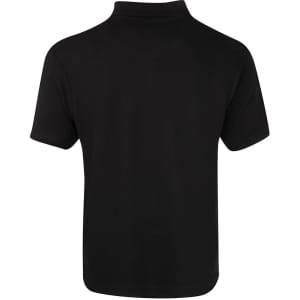 A black polo shirt with a collared neckline and short sleeves. It features a branding logo.