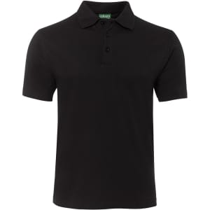A black polo shirt with a collar, short sleeves, and a buttoned placket. It features a logo on the label.