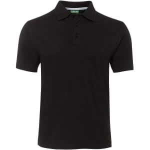 A black polo shirt featuring a collar, three buttons, and a logo on the label.