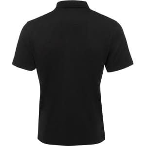A black polo shirt featuring a classic collar and short sleeves, seen from the back. It has a logo.