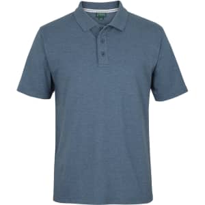 A blue polo shirt featuring a classic collar and three-button placket, with a logo on the chest.