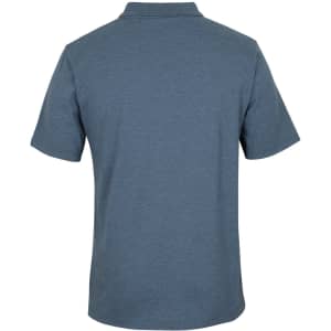 A blue polo shirt featuring a collar and short sleeves, with a logo on the back.