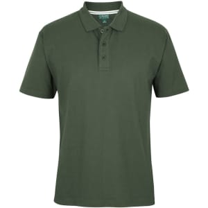 A green polo shirt featuring a collar and button placket, with a logo on the front.