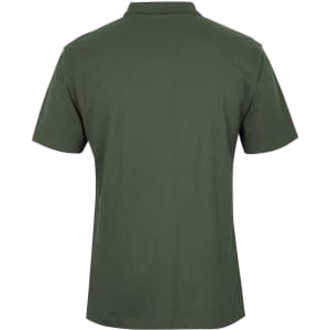 A green polo shirt with short sleeves and a collar, featuring a logo on the back.