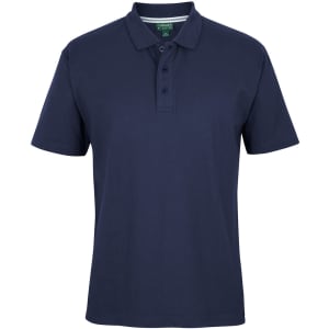 A navy blue polo shirt with a collar and three buttons, featuring a branding logo.