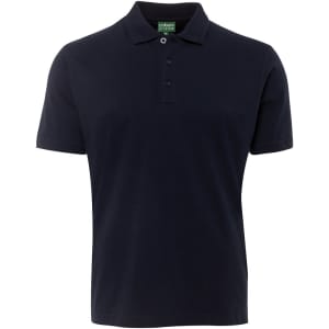A black polo shirt with a collar and three buttons, featuring a logo on the tag.
