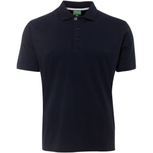 A navy blue polo shirt with a collar, featuring three buttons and a branding label.
