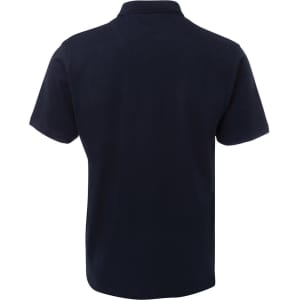 A navy blue polo shirt with a classic collar and short sleeves, featuring a logo on the chest.