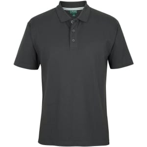 A dark grey polo shirt with a collar and three buttons, featuring a logo on the chest area.