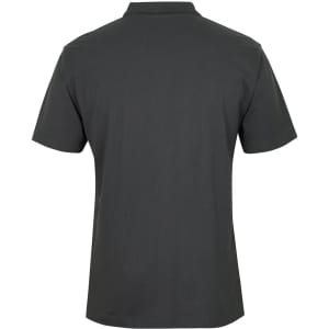 A dark grey polo shirt with a classic collar and short sleeves, featuring a logo on one side.