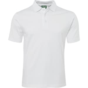 A white polo shirt with short sleeves and a collar, featuring a logo on the neckline.