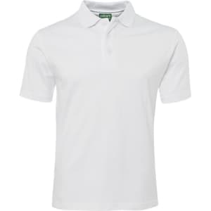 A white polo shirt with a collar and a branded tag. Features short sleeves and a button placket.