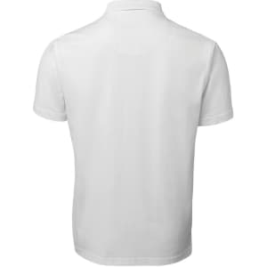 A plain white polo shirt featuring a collar and short sleeves, complete with a logo on the chest.