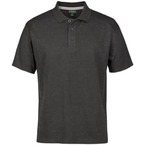 A dark grey polo shirt featuring a three-button placket and short sleeves, with a logo on the chest.