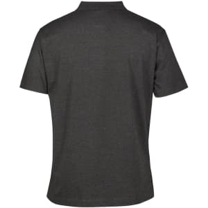A dark grey polo shirt with a classic collar and short sleeves, featuring a logo on the back.