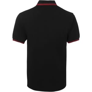 A black polo shirt with contrasting red stripes on the collar and sleeve cuffs. It features a logo.