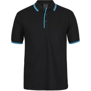 A black polo shirt featuring contrasting turquoise collar and sleeve detailing, with a logo.