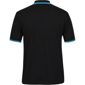A black polo shirt featuring contrast blue stripes on the collar and sleeves, with a logo on the left chest.