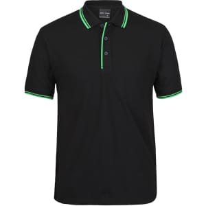 A black polo shirt featuring a collar and sleeve trims in bright green, with a logo on the chest.