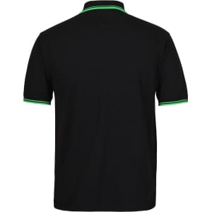 A black polo shirt with green contrast detailing on the collar and sleeves. Features a branding logo.