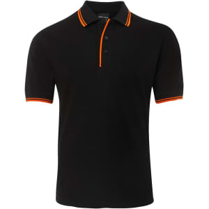 A black polo shirt with contrasting orange stripes on the collar and sleeves. Features a logo on the chest.
