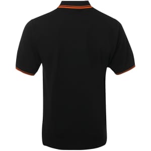 A black polo shirt featuring contrast orange detailing on the collar and sleeves, with a branding logo.