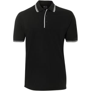 A black polo shirt with contrasting white striped details on the collar and sleeves, featuring a logo.