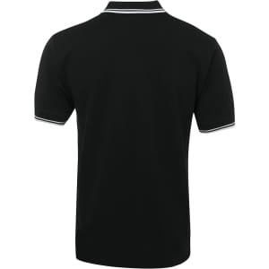A black polo shirt featuring white contrast detailing on the collar and sleeve hems, with a logo present.