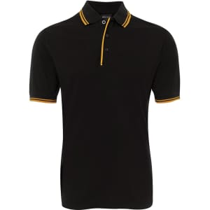 A black polo shirt featuring yellow contrasting stripes on the collar and sleeves. It has a logo on the chest.