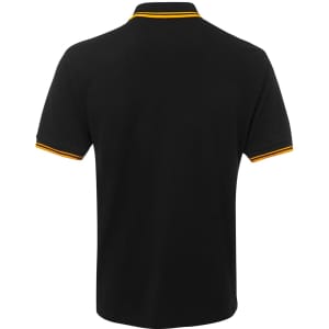 A black polo shirt with contrasting yellow stripes on the collar and sleeves, featuring a logo.