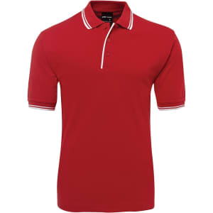 A red polo shirt with short sleeves, featuring contrasting white detailing and a logo on the label.
