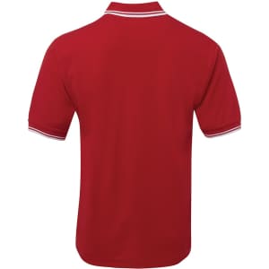 A red polo shirt with contrasting white stripes on the collar and sleeves, featuring a logo.