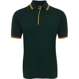 A dark green polo shirt with yellow contrasting collar and sleeve trims, featuring a button-up design and a logo.