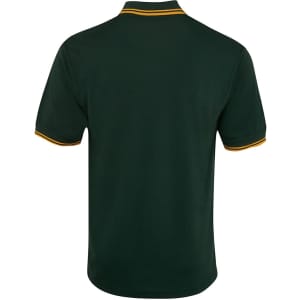 A dark green polo shirt featuring contrasting yellow trim on the collar and sleeves, with a branding logo.