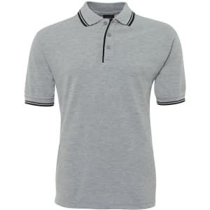 A grey polo shirt with contrasting black stripes on the collar and sleeves. It features a three-button placket and a logo.