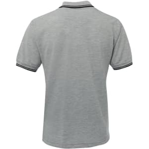 A light grey polo shirt featuring contrast black stripes on the collar and sleeves, with a logo on the chest.