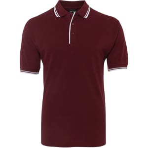 A burgundy polo shirt featuring a classic collar and contrasting stripe details, with a logo on the chest.