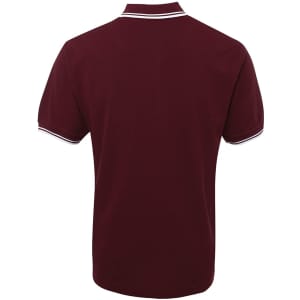 A burgundy polo shirt with contrasting white details and short sleeves. It has a logo on the chest.