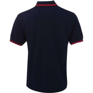A navy polo shirt featuring contrasting red trim on the collar and sleeves, with a logo on the chest.