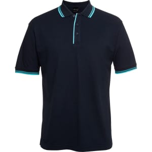 A navy polo shirt with contrasting teal accents on the collar and sleeves. It features a logo on the chest.