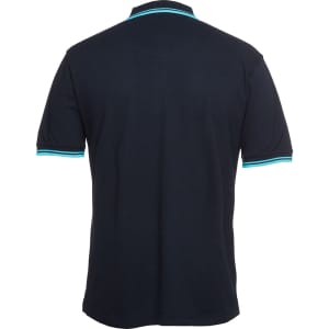 A black polo shirt featuring contrasting teal stripes on the collar and sleeves, with a logo present.