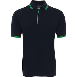 A navy polo shirt with contrast green detailing on the collar and sleeves, featuring a logo.
