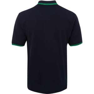 A navy polo shirt with green contrast detailing on the collar and sleeves, featuring a branding logo.