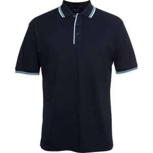 A navy polo shirt with contrasting light blue details and a logo on the chest. Short sleeves and a classic collar.