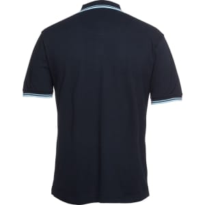 A navy polo shirt with contrasting light blue stripes on the collar and sleeve edges. It features a logo.